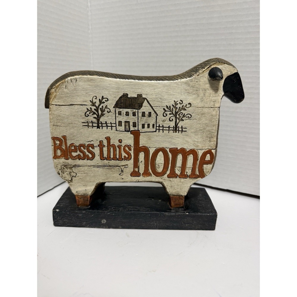 Bless This Home Sheep Figurine Rustic Farmhouse Decor Wooden Sheep Shelf Sitter